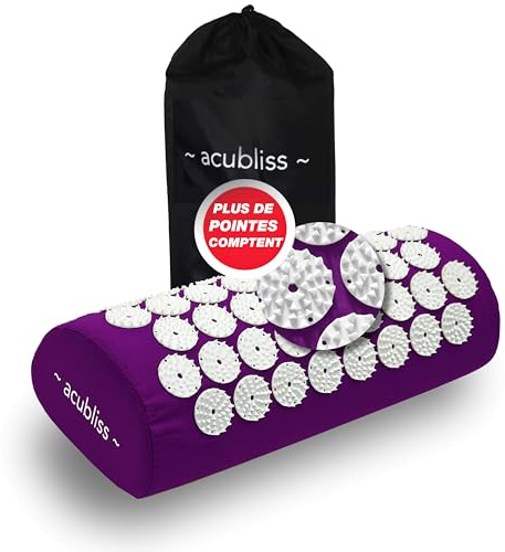 Acubliss Acupression Oreiller avec 2,142 Pointes Acupuncture Cou Oreiller pour Cou, Dos et Stress Soulagement, On-the-Go Massage Oreiller avec Transport Sac, Taille 37 x 15 x 10 cm, Violet