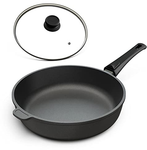 Hoffmann Beschichtete Aluguss Pfanne Induktion 26 cm mit Deckel I Innenhöhe 7 cm I Induktionsherd I Abnehmbarer Griff I Backofenfest