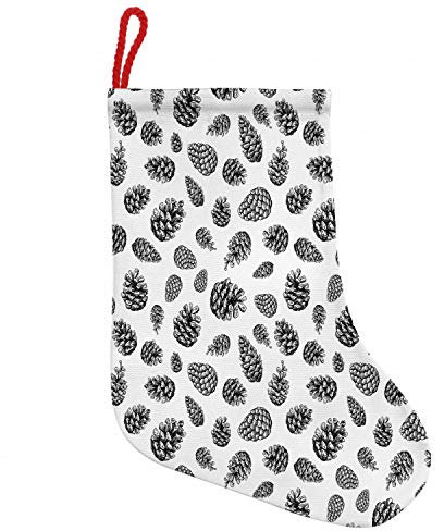ABAKUHAUS Pine Cone Hängende Nikolausstiefel Weihnachtssocken, Monochrome Winter-Conifer, Weihnachtsstrumpf zum Aufhängen, 25x35cm, Schwarz und weiß