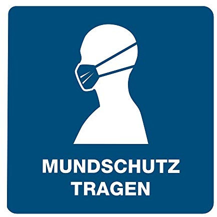 3 Stück Aufkleber Mundschutz tragen mit Piktogramm – selbstklebende Maskenpflicht Hinweisschilder für Arztpraxen, ÖPNV, Einzelhandel uvm. (15 x 15 cm | Blau)