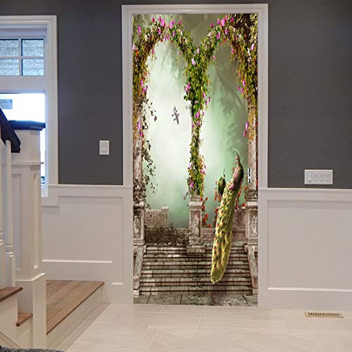 A.Monamour Türtapete Selbstklebend Türfolie Türposter 3D Vintage Patio Bogen Tür Blumen Pfau Verzauberte Wald Hölzer Vinyl Folie Türdeko Tapete Wandbild Türaufkleber Türtattoo 83 x 204 cm