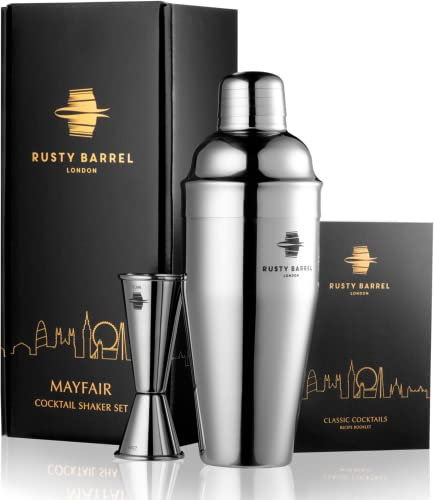 Rusty Barrel Mayfair Cocktail Shaker Set - Large 750ml Manhattan Style Stainless Steel Shaker With Built-in Strainer, 25/50 Double Jigger & Cocktail Recipe Booklet | Presented in a Beautiful Gift Box