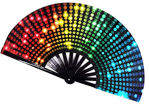 Hopowa Folding Bamboo Fan With Neon Lights - Large Hand Fan for Festivals, Drag Queen & Burlesque