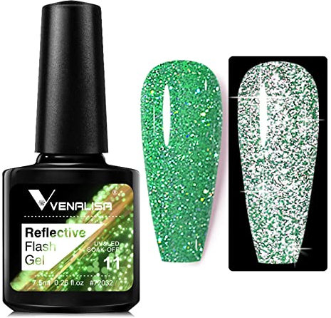 VENALISA Glitter Green Reflective Glitter Gel Polish - Sparkling Shiny Disco Gel, Long Lasting Soak Off, Dries Under UV LED Lamp - Summer Nail Art Salon