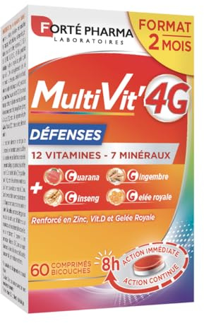 Forté Pharma - Multivit' 4G Défenses | Complément Alimentaire Forme et Tonus - 12 Vitamines et 7 Minéraux- Renforcé en Zinc, Vitamine D et Gelée Royale | 60 comprimés Bi-couches