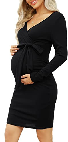 KOJOOIN Gonna Premaman da Donna Vestiti Premaman a Maniche Lunghe Stretto con Scollo a V Tuta Premaman Abbigliamento da Festa al Ginocchio con Cintura (Confezione Multipla), A-Nero, M