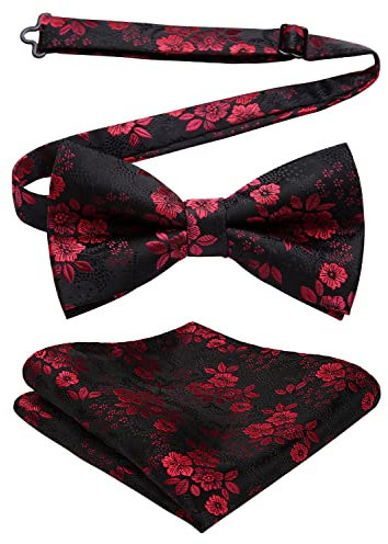 HISDERN Herren Fliege mit Einstecktuch set Blumen Vorgebundene Smoking Fliege Schwarz & Rot und Taschentuch für Männer Hochzeit
