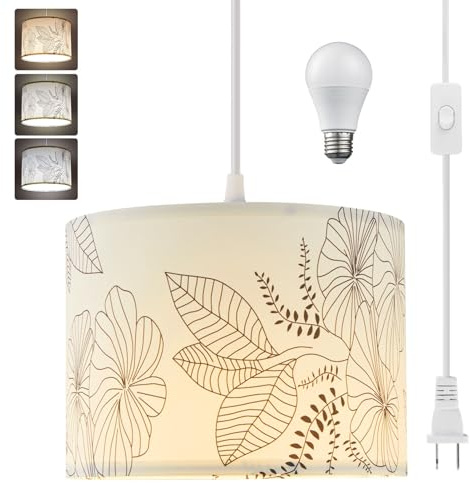 CCKZQYR Plug in Pendant Light, 15 FT Hanging Lamp with Plug in Cord, On/Off Switch, Flower Fabric Shade, 3 Color Bulb Hanging Light Fixture for Bedroom, Living Room Dining