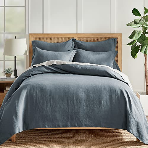 Levtex Home - 100% French Flax Linen - King Duvet Cover - French Flax Washed Linen - Denim Blue - Duvet Cover Size (106x94in.)