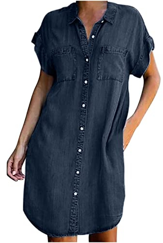 2023 Vestidos Corto Vaqueros Mujer, Colores sólidos Fiesta Vestido de Noche Denim Mezclilla Camisa Cuello en V Manga Corta Elegante Verano Suelto Casual Vestido Bolsillos Mini Vestir Vacaciones