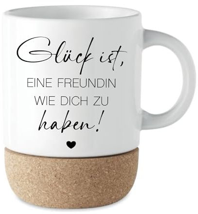 Manufaktur Liebevoll I Freundin Geschenk Tasse Kaffeetasse Keramiktasse mit Kork Boden & Deckel Spruch Tasse Freundin | Kaffeebecher Geburtstag Danke Geschenk Weihnachten (Glück Freundin)