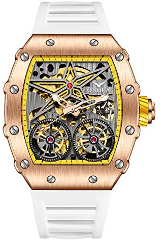 FORSINING Tonneau-Form, mechanisch, automatisch, großes Zifferblatt, modisch, Business-Uhr, Silikonarmband, Weiß / Gelb, Armband