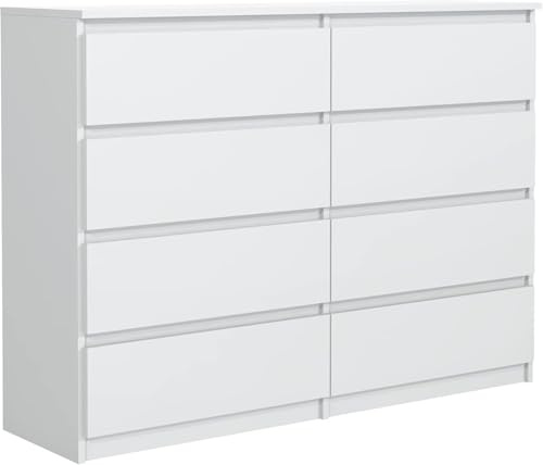 meble masztalerz Commode avec 8 Tiroirs Blanc 140 cm - Meuble de Rangement Salon - Commode Salon - Meuble Entree - 138,5x101,5x39 cm