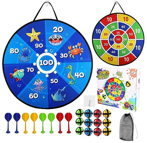 Dartscheibe Kinder, 66 cm Klett Dartscheibe Faltbares, Doppelseitiges Wurfspiel Kinder mit 8 Klebrigen Kugeln, Wurfscheibe Kinder für Junge Mädchen Klettballspiel Draußen