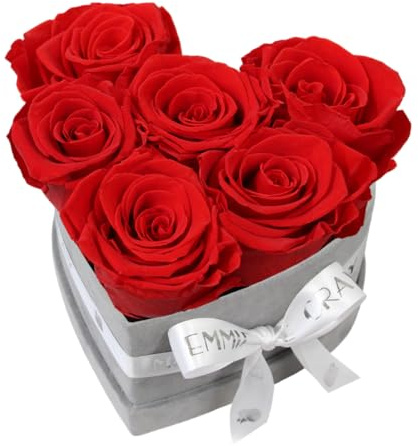 EG EMMIE GRAY Classic Infinity Rosenbox | Herz | Grau - Größe S mit 7 ± 1 Infinity Rosen, bis zu 3 Jahre haltbar, Flowerbox aus Samt mit konservierten Rosen, Blumenbox (Vibrant Red)