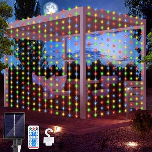 Solar Lichterketten Aussen, Solar Lichtervorhang 3Mx3M 300 LED Wasserfall Lichterkette 8 Modi Wasserdichte Vorhang Lichter mit Fernbedienung für Weihnachten Hochzeit Party Garten Dekorationen