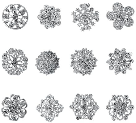 Luckious 12 PCS Crystal Button Brooches - Rhinestone Scarf Buckle, Floriated Brooches Pins for DIY Corsage Bouquets - Hand Bouquet Costume Accessories