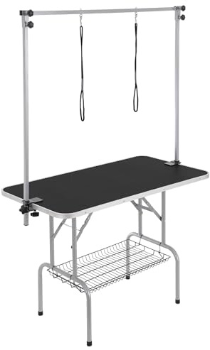 VEVOR Mesa Plegable de Aseo para Mascotas 1137,9x609,6 mm Mesa de Aseo para Perros Carga de 149,7 kg Mesa de Peluquería para Perros de Acero Inoxidable con 2 Pinzas 2 Cuerdas Cesta de Almacenamiento