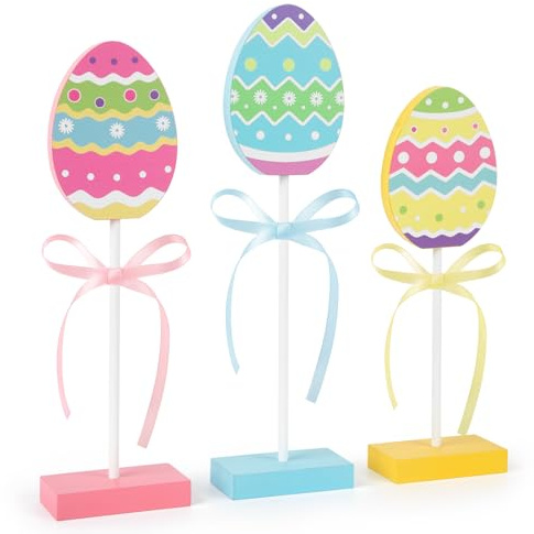 Hedeey 3 Pieces Easter Tiered Tray Decor,Wooden Eggs Decor,Colorful Easter Table Decorations for Home Farmhouse Kitchen Decorations (Colorful)