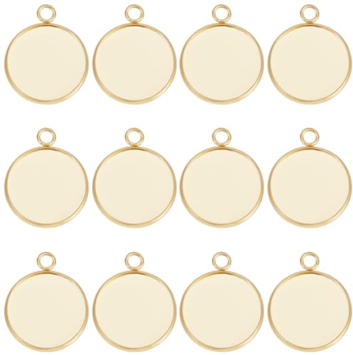 Beebeecraft 1 Box 40 Stück 20 Mm Cabochon Fassungs Charms Aus 24K Vergoldetem Edelstahl Mit Glattem Rand Und Lünettenbechern Flacher Runder Rückseiten Charm Für DIY Schmuckherstellung