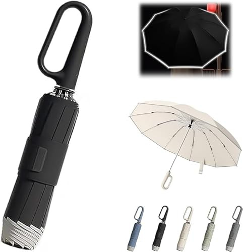 Regenschirm mit Ringschnalle, tragbarer faltbarer Regenschirm für Regen und Sonne, Ringschnalle, vollautomatischer Regenschirm, reflektierender Sicherheitsstreifen, winddichter Regenschirm für Damen