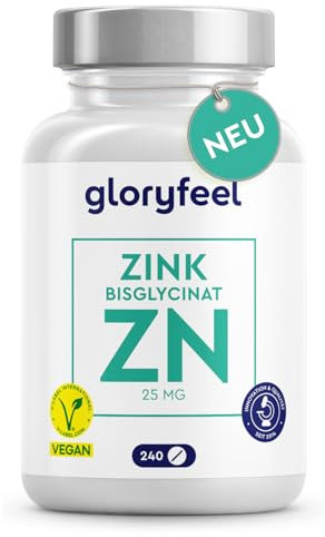 Bisglicinato de Zinc 25mg - 240 Tabletas (para 8 meses) - Sistema inmunitario, piel y cabello - Zinc elemental de alta biodisponibilidad (Quelato de Zinc) - Probado en laboratorio y sin aditivos