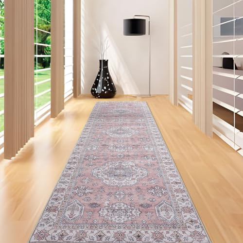 Taleta ALU Waschbarer Flurläufer Teppich Lang Rosa 80x300cm rutschfest Vintage Carpet Weicher Niederflor Küchenläufer für Flur Eingang Wohnzimmer