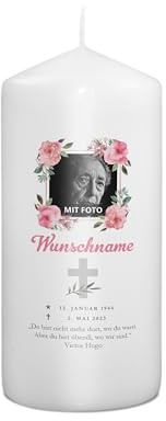 PhotoFancy® - Personalisierte Trauerkerze - Fotokerze mit eigenem Foto/Text bedrucken lassen - Kerze mit Foto-Design: Blumen - 15 cm Höhe