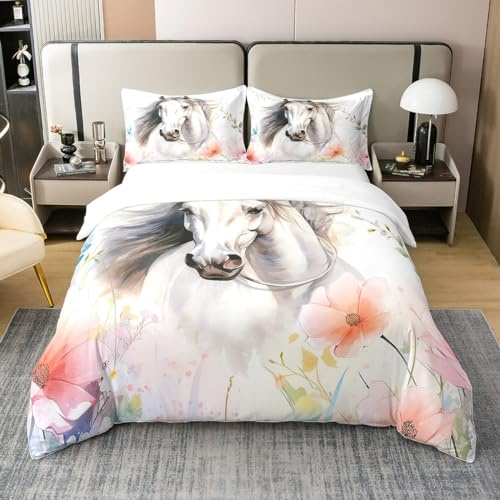 Coton Running Horse Housse de Couette 220x240,Cheval Blanc pour Adolescents Adultes Parure de Lit,Ensemble de Literie Fleur Rose Printemps,Ensemble de Linge de Lit pour Animaux Ferme Romantique