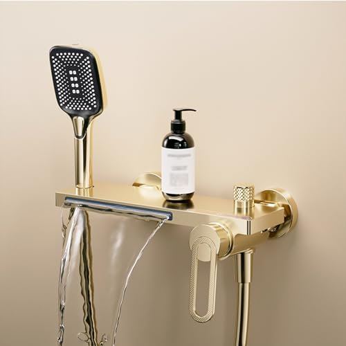 Wannenarmatur Wasserfall Bad Armaturen Badewanne Mischbatterie Wandmontage Badewannenarmatur mit 3 Modi Handbrause, SAGGION, Gebürstetes Gold