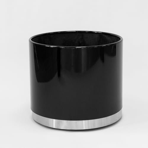 Leni Elegance Stahl RD 37 Pflanzgefäß/Übertopf mit 3 Rollen, Schwarz glänzend mit silbernem Rand unten, für ERD- und Hydrokultur geeignet