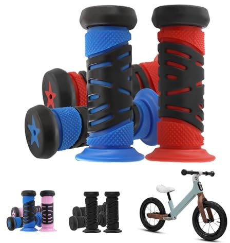 TOKSEO 2 Paar Fahrradgriffe Kinder, Sicherheit Durch Prallschutz, Griffe Kinderfahrrad 22mm Kaliber,95 mm Länge Gummi Lenkergriffe Fahrrad Kinder für Roller, Laufrad (Rot + Blau)