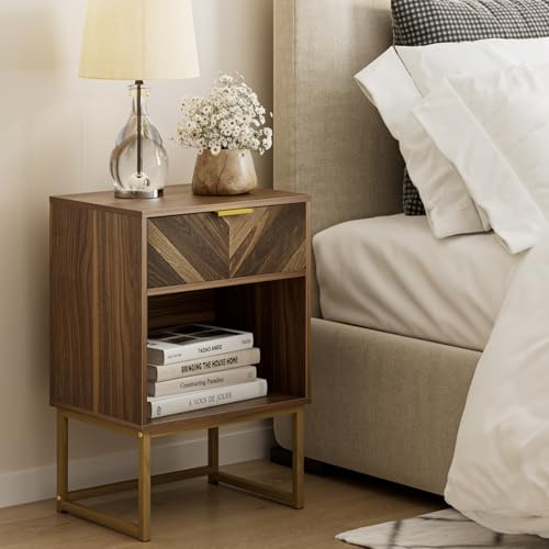 HEYZOEY Nachttisch Walnussoptik, Fach&Schublade, Metallbeine, 40×30×60 cm | Leichtgängige Schublade, großes offenes Fach, moderner Stil, pflegeleicht – für Schlafzimmer und Wohnzimmer, vielseitig.