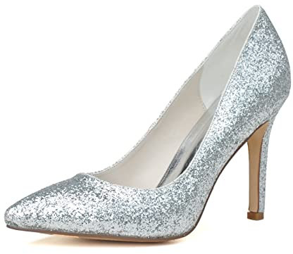 Tacchi da Donna Tacchi Alti da Donna, Scarpe da Punta con Glitter Oro e Argento, Scarpe Neutre Lucide per Feste di Matrimonio e Ritorno a casa (Argento, 6,5)