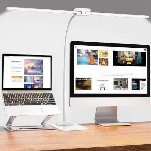 EppieBasic 24W LED Doppelkopf Schreibtischlampe mit Standfuß, dimmbar, Weiß | Flexible Schwanenhals, Sensible Berührungssteuerung, mehrere Beleuchtungsmodi, Flackerfreie-Augenschutz, Speicherfunktion