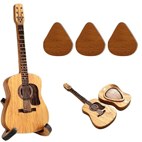 Homefantasy Boîte à Médiators en Bois avec Support, Support de Plectre de Guitare, Boîte avec 3 Médiators de Guitare, Médiators en Bois pour Basse Électrique, Guitare, Ukulélé