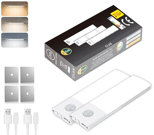 CLAR - LED Lichtleiste mit Bewegungsmelder, USB Wiederaufladbar, Auto/ON/OFF, Magnetische Montage, für Schrankbeleuchtung (10 cm, Pack 2)