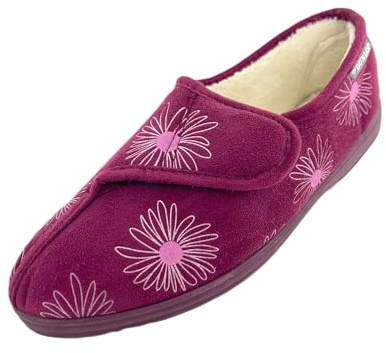 DUNLOP Pantoufles pour femmes en mousse à mémoire avec sangle réglable, semelle antidérapante, imprimé marguerite, doublure duveteuse, lavables en machine, disponibles en tailles UK 3-8, prune, 38 EU