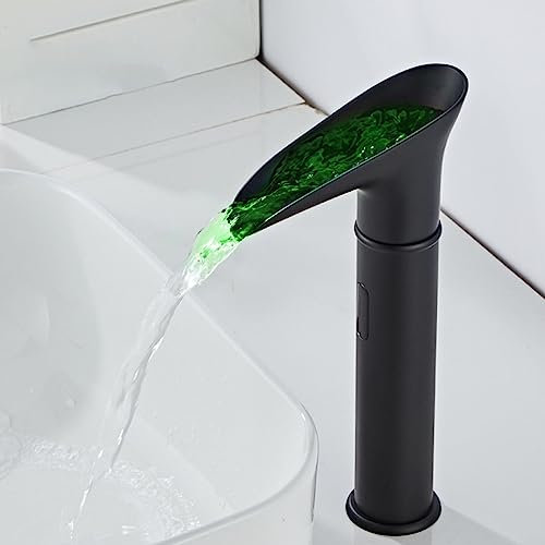 Bathroom Basin Sensing Faucet, Touchless Infrared Sensing Sink Faucet, Cold & Hot Waterfall Tap Led Color Change 22L/Min (Black)