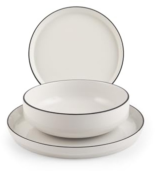 H&H, Servizio Tavola 12 Pezzi Essence Black in Porcellana Bianca con Bordo Nero – Piatti Piani, Fondi e Frutta, Adatto per Lavastoviglie e Microonde