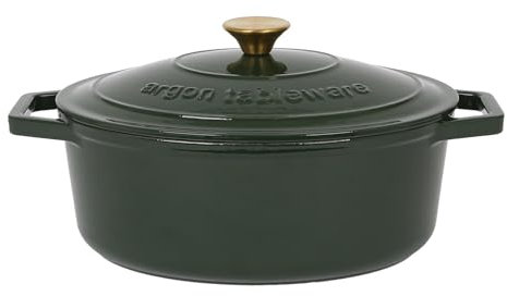 Argon Tableware 4.68L Oval Cast Iron Casserole Dish with Self-Basting Lid - Green - 2.3L & 4.68L Induction Hob Cooking 4.84QT Dutch Oven Bread Baking Serving Roasting Stew Stock Pot Cookware Pan