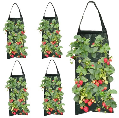 5PCS Hanging Strawberry Planter, 23.6 8 Hole Upside Down Tomato Planter, Portable Hanging Grow Bags with Handle for Chili Herb Hot Peppers Vegetables (5Pcs)