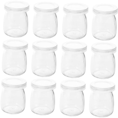 POPETPOP 12 Frascos de Vidrio de 100ml para Yogur y Bebidas, Envases Reutilizables con Tapa, Diseño Versátil para Uso Diario y Eventos