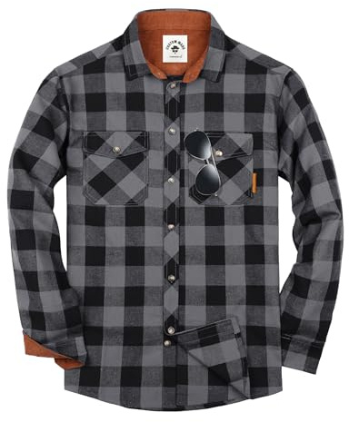 TARAINYA Flanellhemd Herren Langarm Kariertes Karohemd Holzfällerhemd Oktoberfest mit Tasche Regular Fit Grau Schwarz L