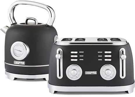 GEEPAS Retrovive 1.8L Electric Kettle & 4 Slice Bread Toaster Kitchen Combo Set | 3000W Vintage Cordless Stainless Steel Kettle Auto Shut-Off, Temperature Gauge | Defrost/Reheat/Cancel 1500W | Black