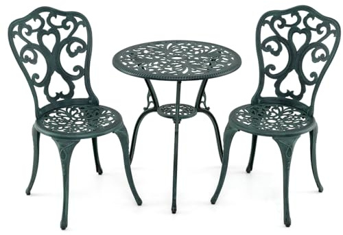 GIANTEX 3 delar. Bistro-set, bistrobord med 2 stolar, trädgårdsmöbler set gjutet aluminium, balkongset väderbeständigt, runt trädgårdsbord, balkongmöbler trädgårdsmöbler utomhus, trädgård sittgrupp