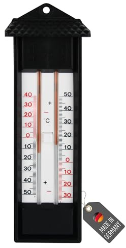Lantelme Min-Max termometer analog tillverkad i Tyskland | Temperaturmätare i svart för trädgårdsväxthus hushåll | Visar högsta och lägsta värden | trädgårdstermometer inomhustermometer (svart)