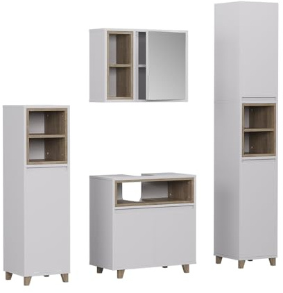 Vicco Badmöbel-Set Elnor, Weiß/Eiche, 60 cm | besteht aus Waschbeckenunterschrank, Spiegelschrank, Hochschrank und Midischrank