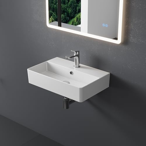 HOROW Lavabo in ceramica per bagno (Bianco, 56 * 36 * 14 cm) - Lavabo rettangolare da appoggio o a parete, design a bordo sottile e con mensola portaoggetti per bagno, guardaroba