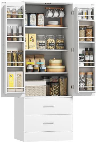 HOMCOM Buffet haut cuisine, armoire de cuisine, vaisselier, 2 portes, 4 compartiments, 8 porte-épices, 2 tiroirs, étagères réglables, meuble de rangement pour salon, salle à manger, 60x40x159cm, blanc